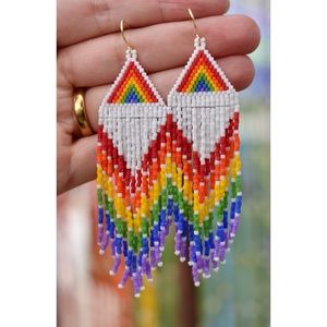 Rainbow and white earrings, handbeaded, long